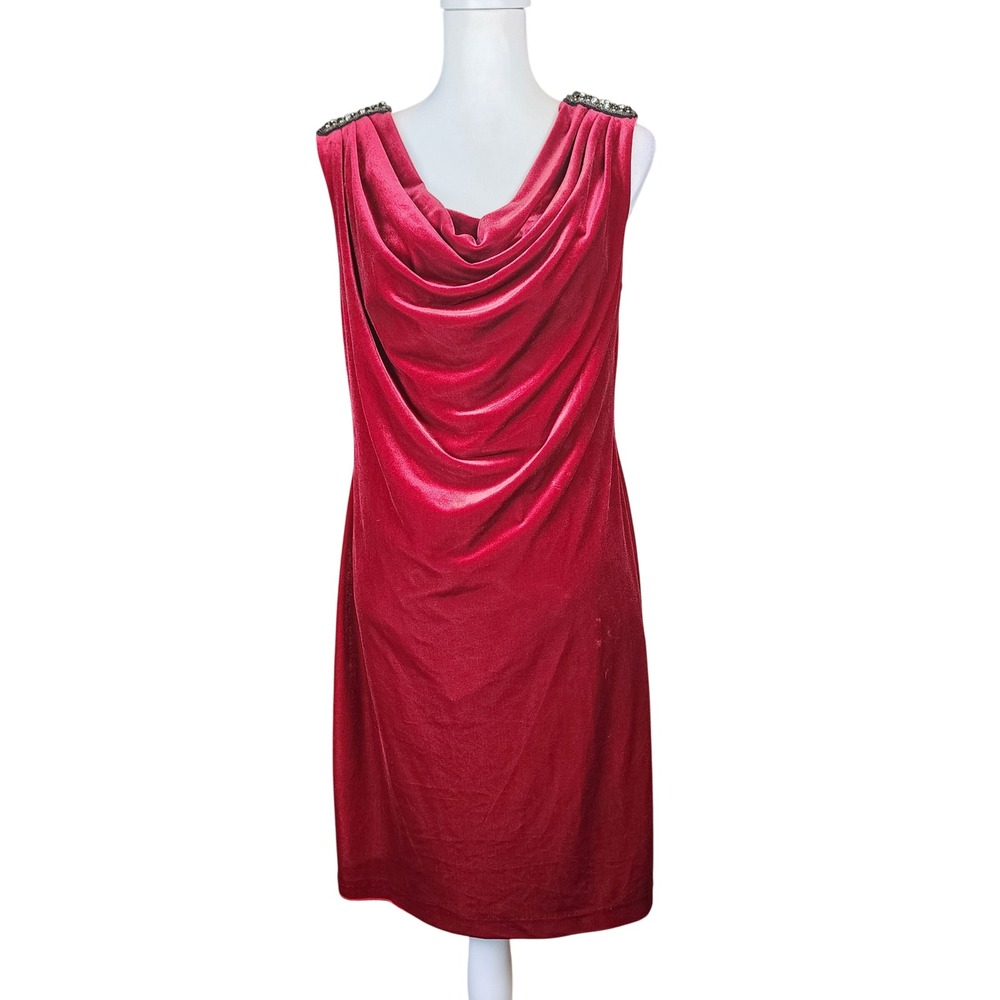 Ronni Nicole Velvet Cowl Neck Sheath Dress Womens 12 Maroon Beaded Holiday Party
